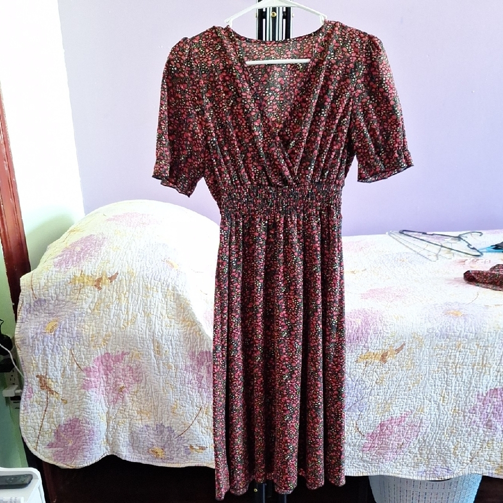 SHEIN Red and Orange Wrap Midi Dress with Puff Sleeves